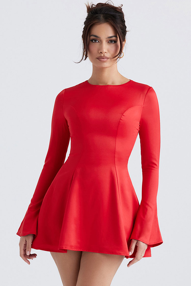 Flowy Crew Neck Long Sleeve Fit & Flare Holiday Satin Mini Dress - Red