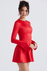 Flowy Crew Neck Long Sleeve Fit & Flare Holiday Satin Mini Dress - Red