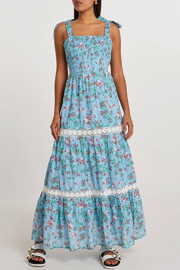 Flowy Daisy Floral Tie Strap Tiered Summer Maxi Sundress - Blue