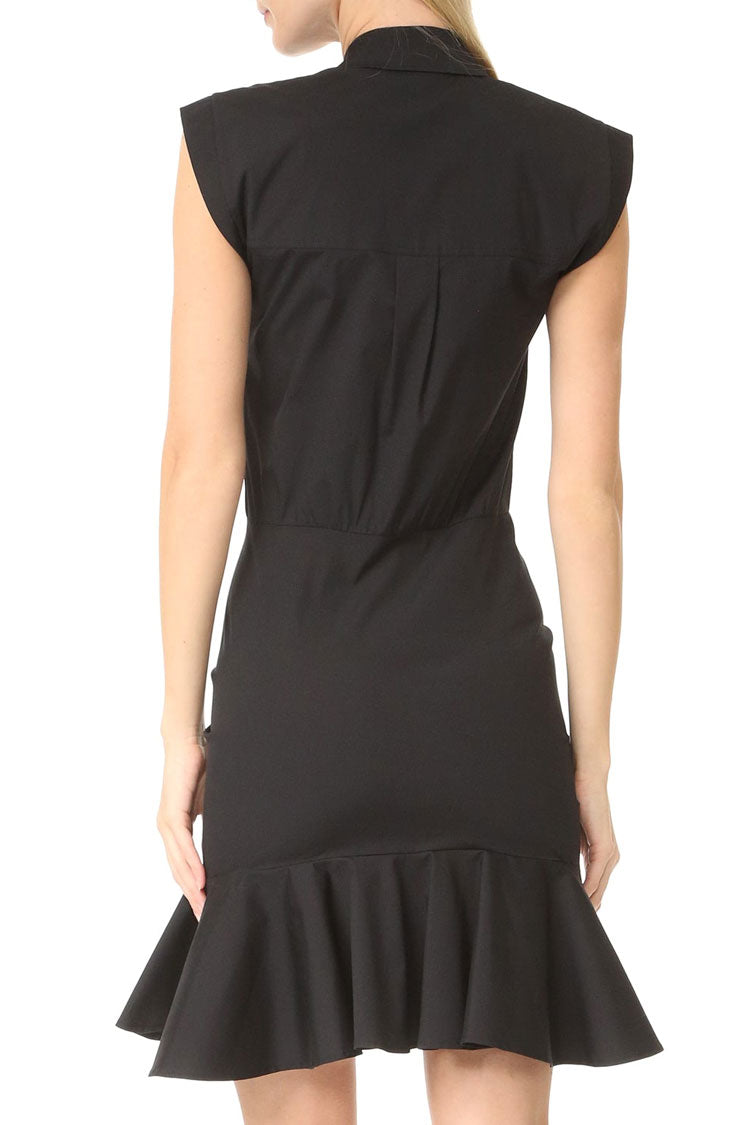 Flowy Fishtail Button Up Sleeveless Ruched Shirt Mini Dress - Black