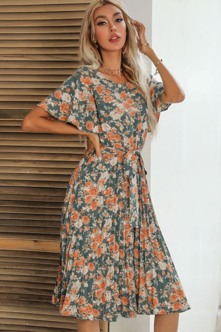Flowy Round Neck Short Sleeve Pleated Floral Printed Midi Dress - Floral