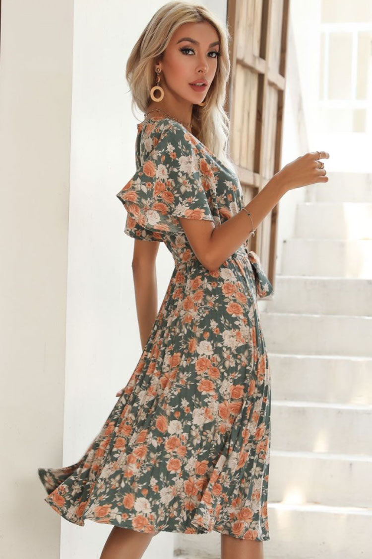 Flowy Round Neck Short Sleeve Pleated Floral Printed Midi Dress - Floral