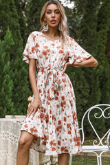 Flowy Round Neck Short Sleeve Pleated Floral Printed Midi Dress - White
