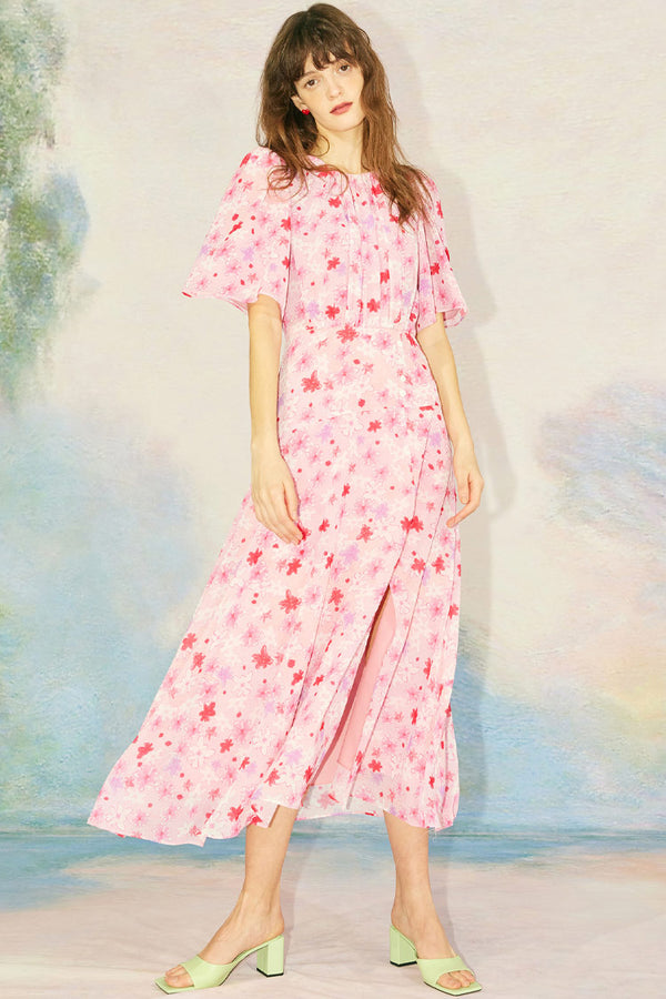 Flutter Sleeve Floral Print High Slit French Midi Dress - Pink