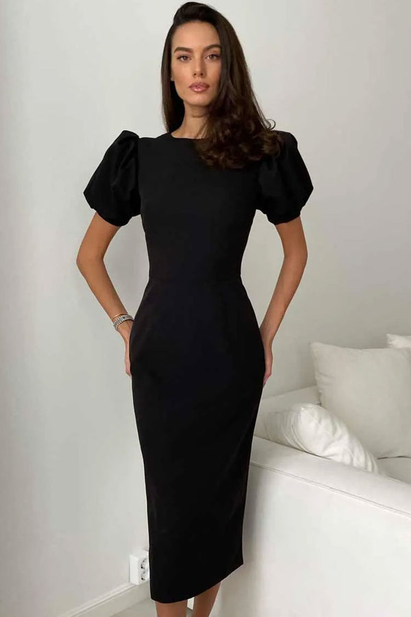 French Crew Neck Puff Sleeve Cocktail Party Midi Dress - Black