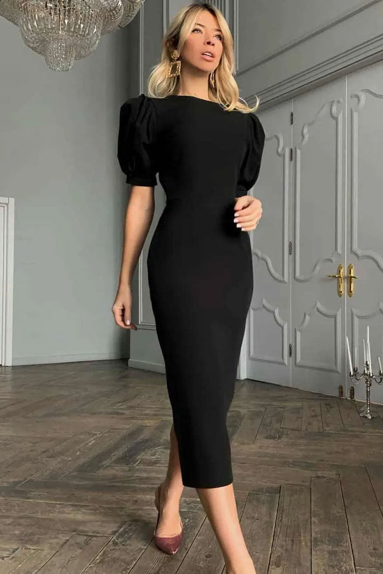 French Crew Neck Puff Sleeve Cocktail Party Midi Dress - Black