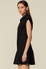 French Style Cap Sleeve Button Front Shirt Mini Dress - Black