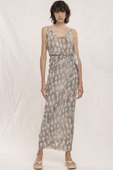 French Style Shell Printed Tie Side Sleeveless Silk Maxi Dress - Purple Gray