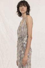 French Style Shell Printed Tie Side Sleeveless Silk Maxi Dress - Purple Gray