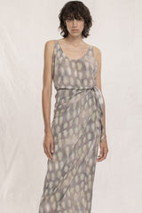 French Style Shell Printed Tie Side Sleeveless Silk Maxi Dress - Purple Gray