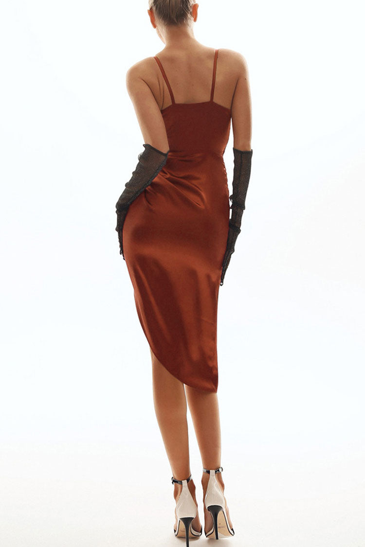 French Style Wrap V Neck High Slit Draped Slip Midi Dress - Brick Red