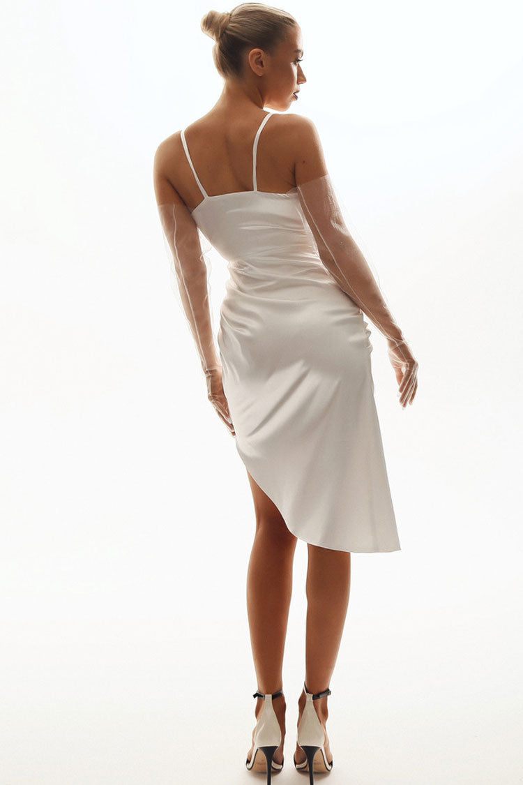 French Style Wrap V Neck High Slit Draped Slip Midi Dress - White