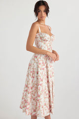 Fresh Bustier Tie Front Slit Floral Printed Midi Sundress - Pink