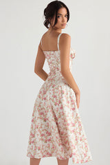 Fresh Bustier Tie Front Slit Floral Printed Midi Sundress - Pink