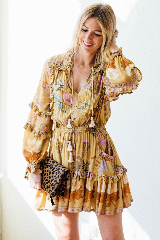 Frilly Long Sleeve Floral Print Mini Beach Vacation Dress - Yellow