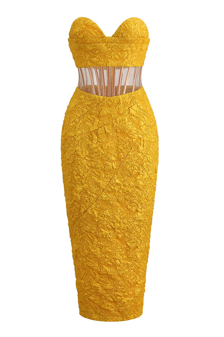 Glamorous Floral Jacquard Strapless Corset Cocktail Midi Dress - Yellow