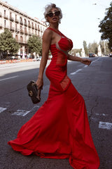 Glamorous Sheer Mesh Cutout Braided Trim Split Formal Maxi Dress - Red