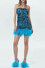 Glamorus Feather Trim Strapless Velvet Sequin Party Mini Dress - Blue