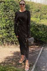 Glamours Long Sleeve Shirred Beach Vacation Maxi Dress - Black