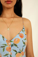 Groovy Fruit Printed Button Up French Style Slip Midi Dress -Blue