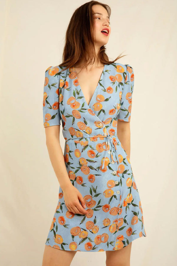 Groovy Fruit Printed Puff Sleeve French Style Wrap Mini Dress -Blue