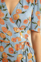 Groovy Fruit Printed Puff Sleeve French Style Wrap Mini Dress -Blue