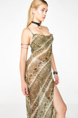 High Slit Cowl Neck Backless Slip Maxi Dress - Snake