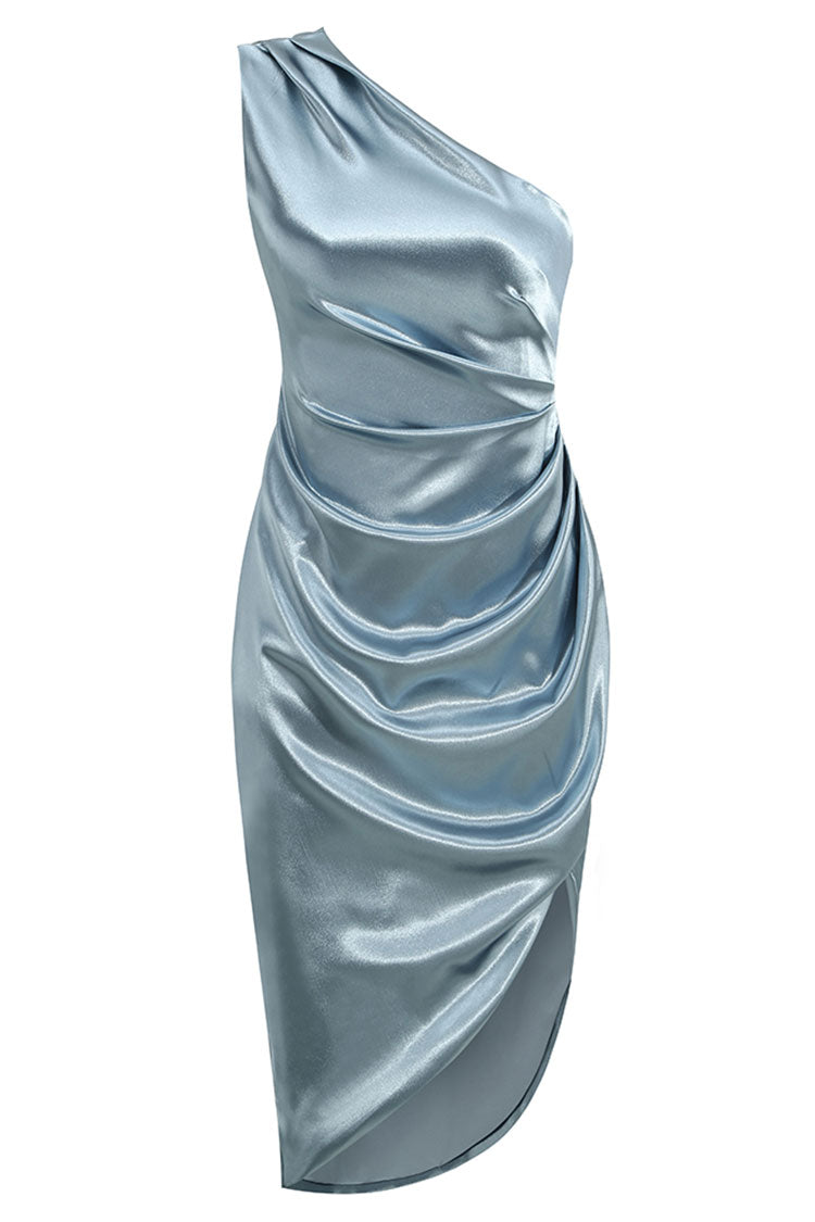 High Slit One Shoulder Satin Cocktail Party Dress - Dusty Blue – Rosedress