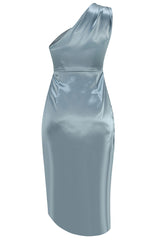 High Slit One Shoulder Satin Cocktail Party Dress - Dusty Blue