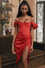 High Split Ruched Off Shoulder Satin Midi Corset Dress - Red