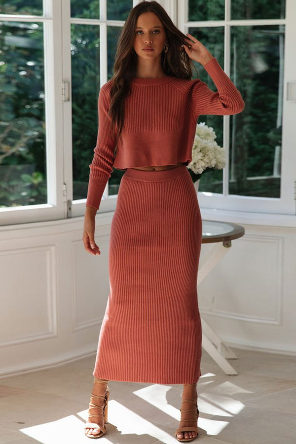 High Waist Rib Long Sleeve Winter Sweater Two Piece Dress - Orange Red