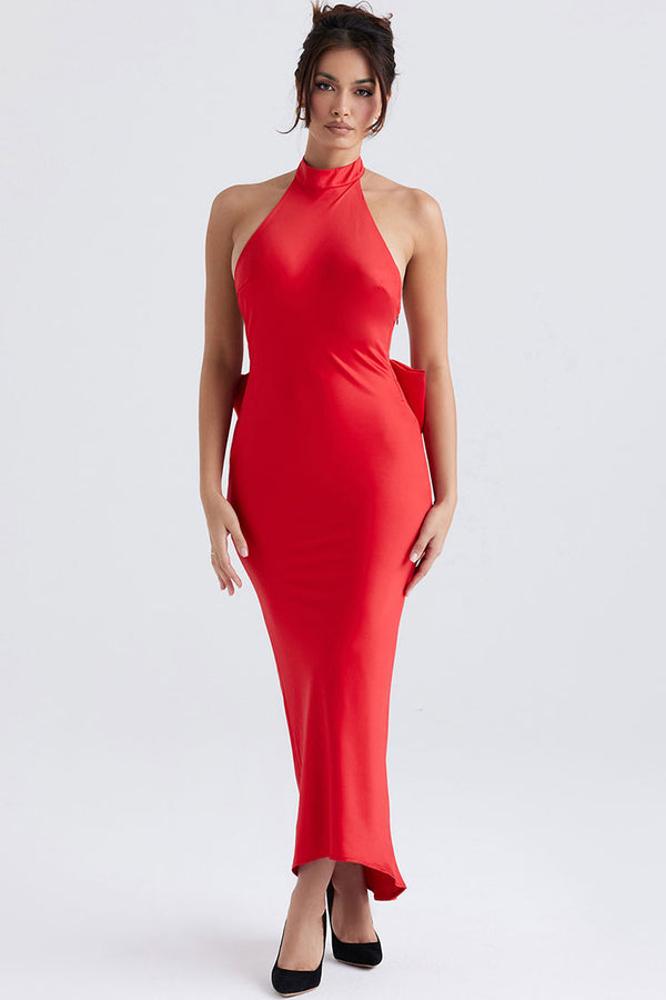 Holiday Oversized Bowknot Backless Halter Satin Evening Maxi Dress - Red