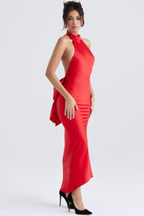 Holiday Oversized Bowknot Backless Halter Satin Evening Maxi Dress - Red