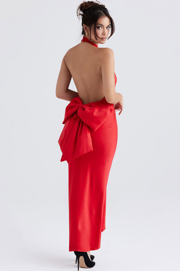 Holiday Oversized Bowknot Backless Halter Satin Evening Maxi Dress - Red