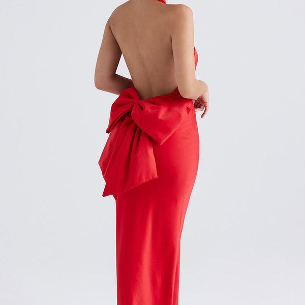 Red backless top halter dress