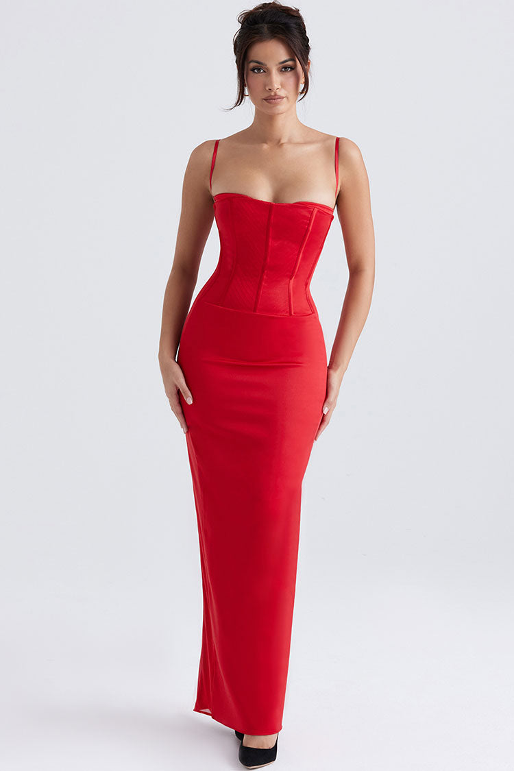 Holiday Sweetheart Corset Cami Sleeveless Satin Evening Maxi Dress - Red