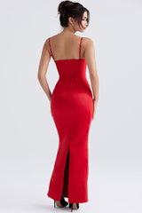 Holiday Sweetheart Corset Cami Sleeveless Satin Evening Maxi Dress - Red
