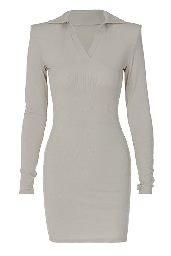 Iconic Ribbed Collared V Neck Padded Long Sleeve Mini Dress - Gray