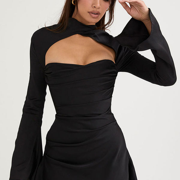 Silky Satin High Neck Long Sleeve Cutout Party Mini Dress - Black