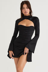 Silky Satin High Neck Long Sleeve Cutout Party Mini Dress - Black