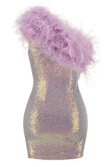 Iridescent Sequin One Shoulder Feather Trim Party Midi Dress - Lilac