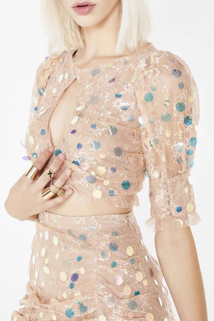 Iridescent Sequin Puff Sleeve High Slit Two Piece Dress - Pink