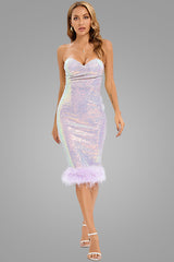 Iridescent Sequin Sweetheart Strapless Feather Cocktail Midi Dress - Lilac