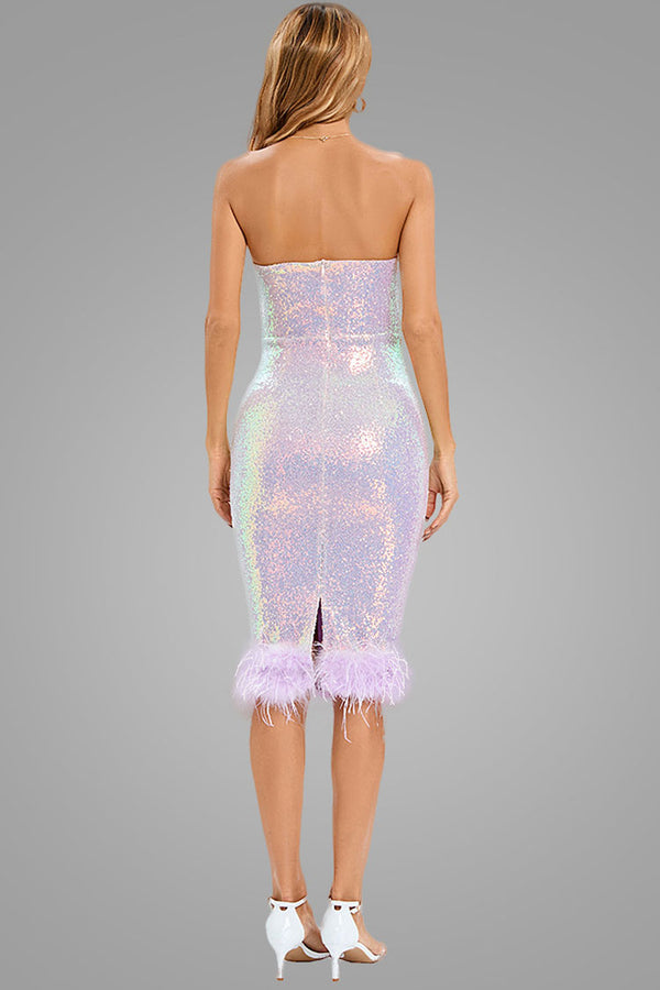 Iridescent Sequin Sweetheart Strapless Feather Cocktail Midi Dress - Lilac