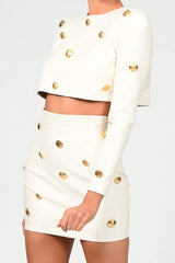 Long Sleeve Button Trim High Waist Mini Leather Two Piece Dress - White