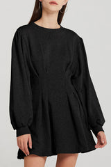 Long Sleeve Fit & Flare Round Neck Mini Sweatshirt Dress - Black