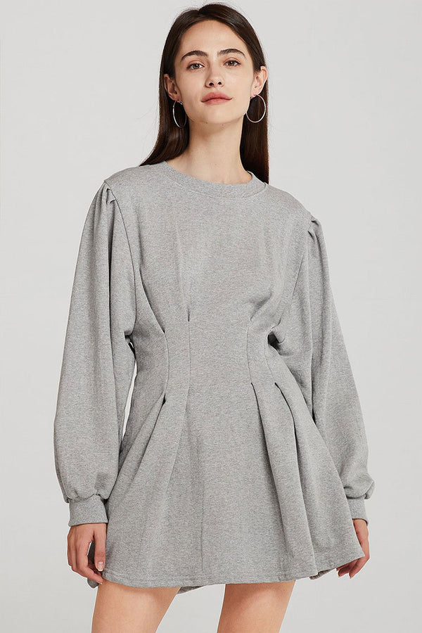 Long Sleeve Fit & Flare Round Neck Mini Sweatshirt Dress - Gray