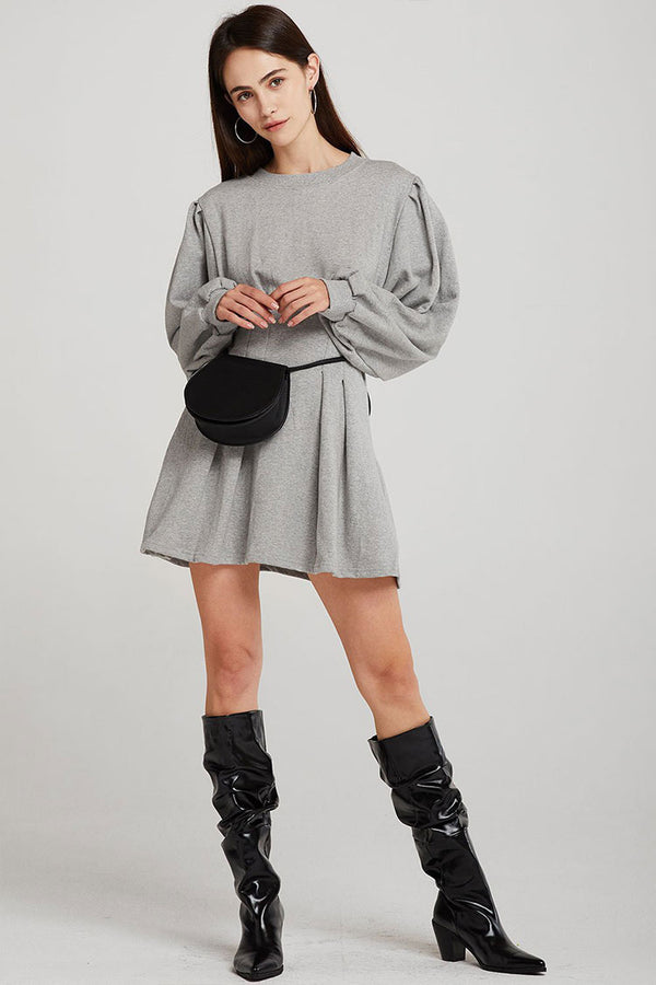 Long Sleeve Fit & Flare Round Neck Mini Sweatshirt Dress - Gray