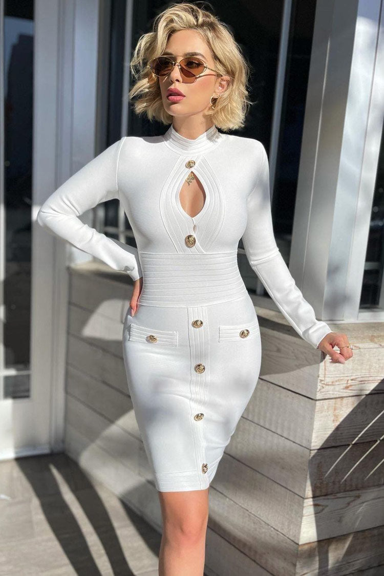 Long Sleeve High Neck Buttoned Front Cutout Bandage Midi Dress - White