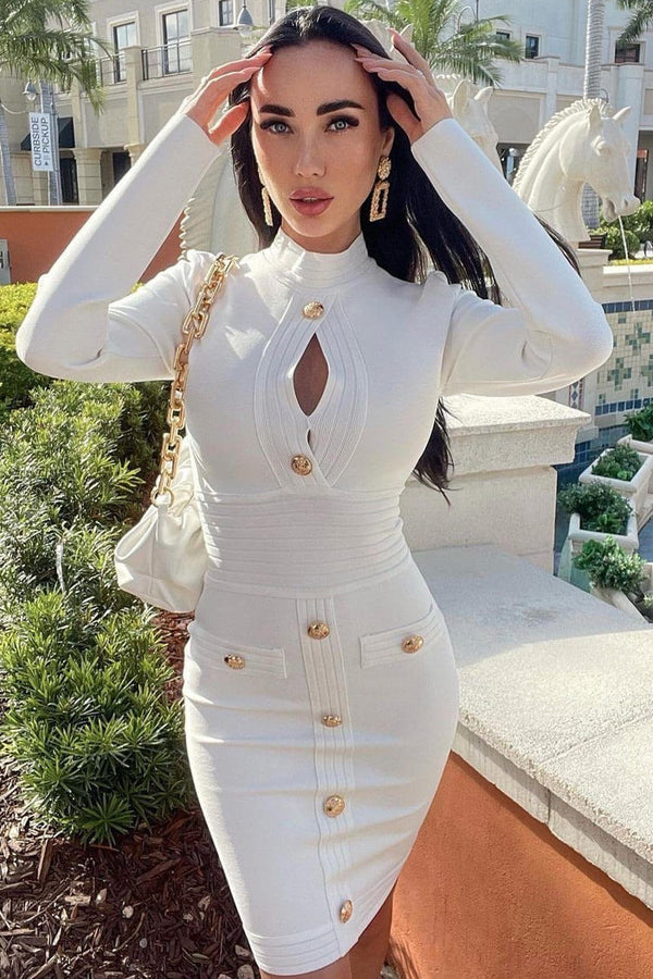 Chic High Neck Long Sleeve Bodycon Rib Knit Sweater Mini Dress